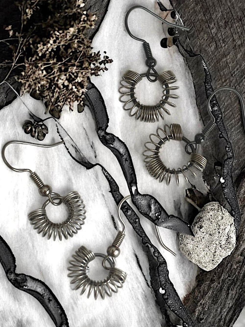 2 Pair Alternative Gunmetal Coiled Spring Dangles Earrings